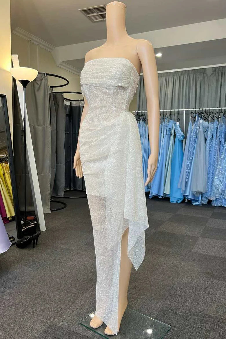 Vestido de fiesta de lentejuelas sin tirantes, de corte alto y bajo